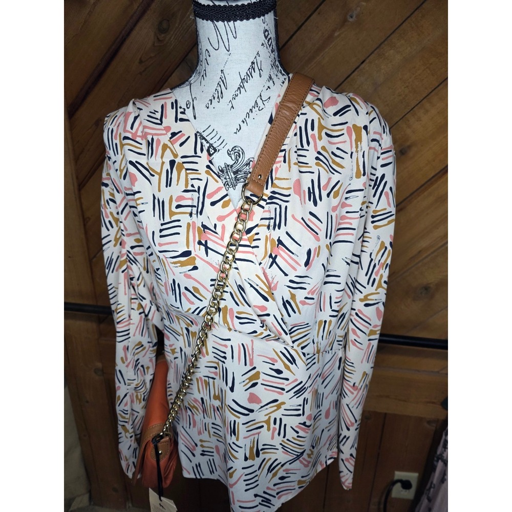 CAbi Women Brushstroke Print Long‎ Sleeve Surplice V-Neck Wrap Blouse White